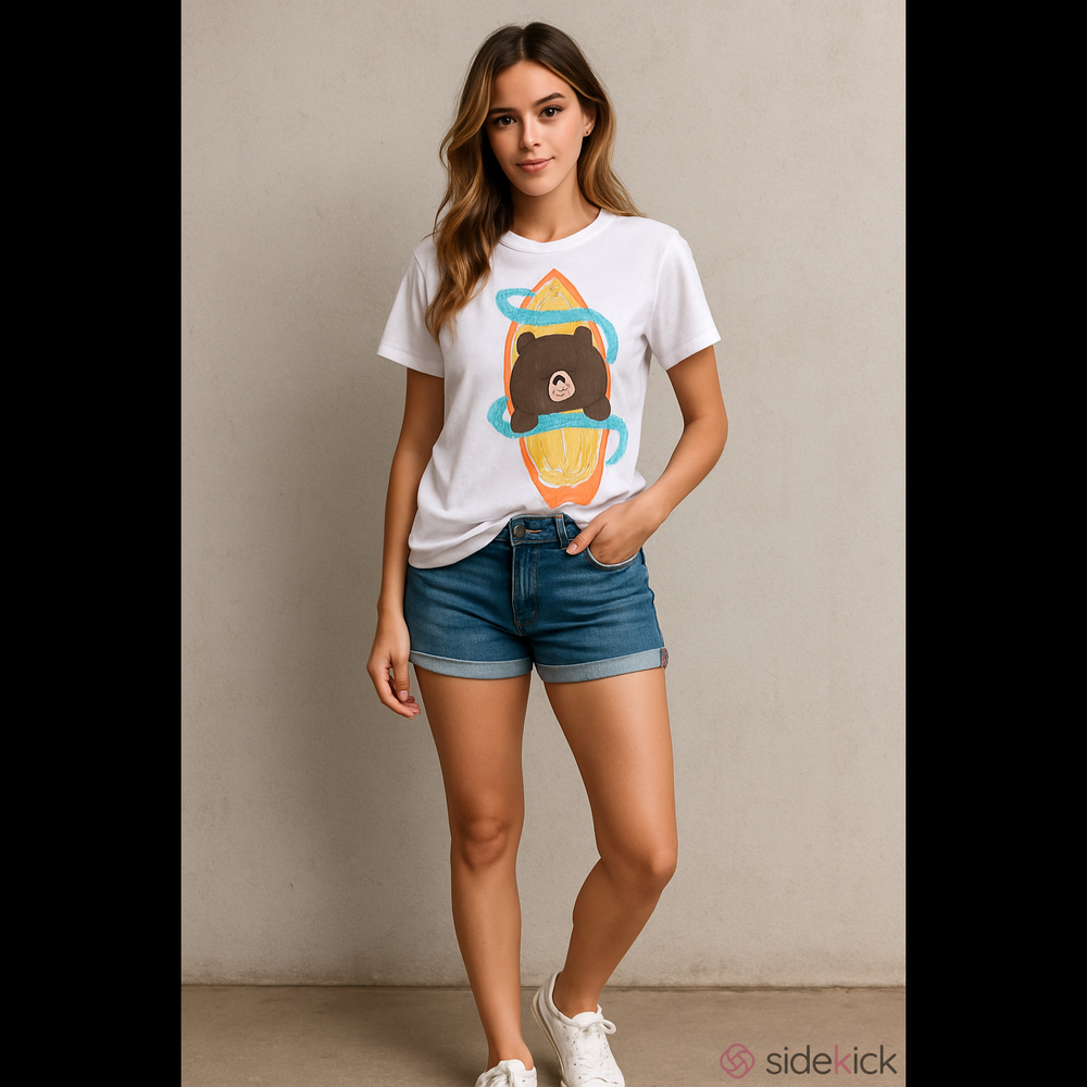 UT Uniqlo Surfer Bear Graphic Tee, White, Brown, Yellow, Orange, Blue, Size M